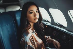 ai généré portrait de une réussi fille dans une privé jet. neural réseau ai généré photo