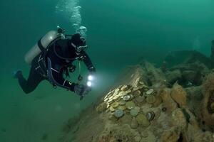 ai généré une scaphandre autonome plongeur explorant une Espagnol galion épave plein de or pièces de monnaie photo