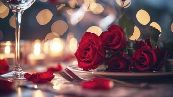 ai généré romantique table réglage pour rouge des roses et aux chandelles pour valentines dîner. photo