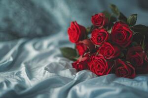 ai généré bouquet de rouge des roses sur une chambre romance photo