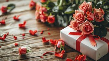 ai généré valentines concept avec bouquet de des roses et enveloppé cadeau boîte sur en bois table photo