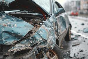 ai généré capturer le conséquences de une voiture accident avec une cassé véhicule, mise en évidence le importance de route sécurité et mise en garde photo