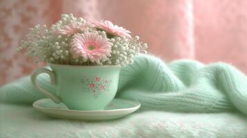 ai généré thé tasse avec fleurs sur table photo