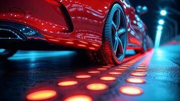 ai généré rouge des sports voiture garé à nuit illuminé par néon lumières photo