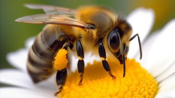 ai généré proche en haut de abeille collecte pollen sur fleur photo