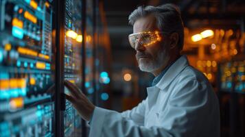 ai généré scientifique dans laboratoire manteau et des lunettes en cours d'analyse ordinateur écran Les données photo