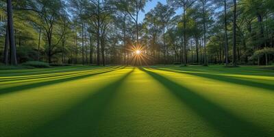 ai généré sunburst par des arbres à Aube dans serein forêt Prairie photo