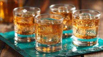 ai généré d'or ambre whisky servi soigné dans verre gobelets sur en bois table photo