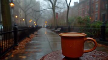 ai généré pluvieux journée café dans une ville parc photo