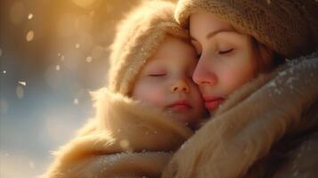 ai généré femme et enfant embrasse dans neigeux paysage photo