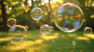 ai généré flottant savon bulles dans le air sur une ensoleillé journée photo