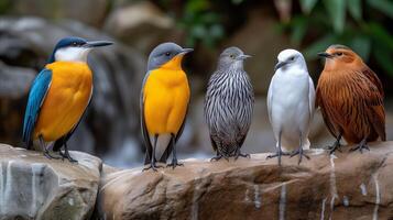 ai généré groupe de des oiseaux perché sur Roche photo