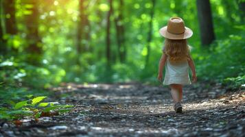 ai généré Jeune fille en marchant seul sur une forêt Piste à le coucher du soleil photo