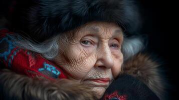 ai généré personnes âgées femme portant fourrure chapeau et manteau photo