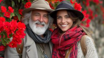 ai généré homme et femme permanent dans de face de rouge fleurs photo