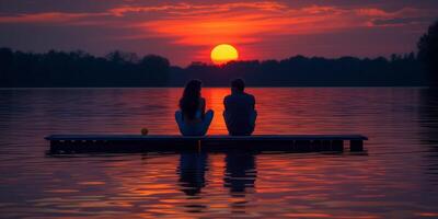 ai généré couple séance sur Dock, en train de regarder le coucher du soleil plus de l'eau photo