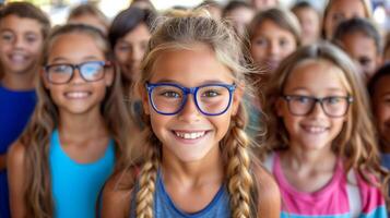 ai généré souriant fille avec bleu des lunettes parmi groupe de les enfants photo