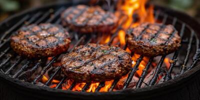 ai généré juteux hamburgers gril avec intense flammes photo