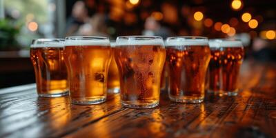 ai généré rangée de Bière des lunettes sur en bois table photo