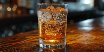 ai généré verre rempli avec la glace sur en bois table photo