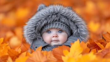 ai généré bébé portant fourrure chapeau dans champ de feuilles photo