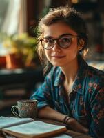 ai généré femme séance à table avec café photo