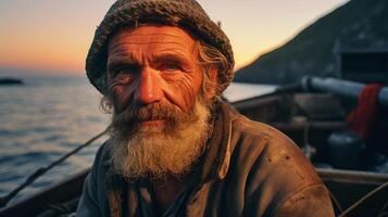 ai généré homme avec barbe et chapeau sur bateau photo