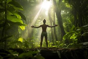 ai généré une homme des stands avec le sien bras propager large, profiter le Soleil photo