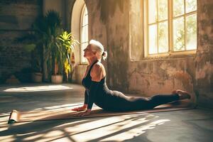 ai généré ensoleillé yoga sérénité dans un Urbain grenier photo