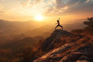 ai généré méconnaissable femme permanent sur Haut de rocheux Montagne et Faire yoga pose photo