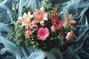 ai généré bouquet de fleurs enveloppé dans Plastique photo