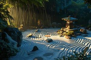 ai généré l'aube premier lumière dans le Zen jardin photo