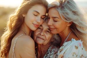 ai généré générations embrasse - mère, fille, et grand-mère photo