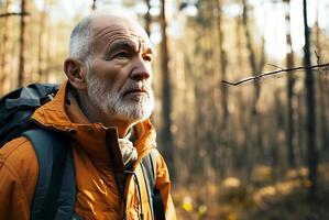 ai généré Sénior promeneur jouit forêt solitude photo