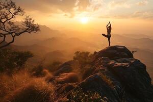 ai généré une solitaire figure pratiquant yoga sur une sommet de la colline photo