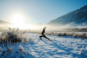 ai généré hiver yoga couler dans neigeux Montagne solitude photo