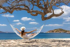 ai généré magnifique femme dans blanc chapeau, séance dans une hamac, profiter une serein moment sur une parfait sablonneux plage pendant un exotique vacances photo