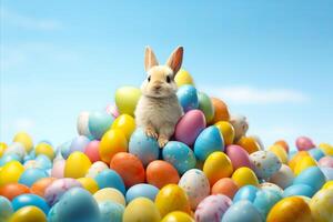 ai généré mignonne lapin séance sur une pile de multicolore Pâques œufs, isolé sur bleu Contexte photo