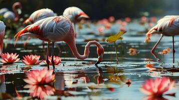 ai généré flamant des oiseaux chasse une poisson à une étang est une captivant et dynamique scène photo