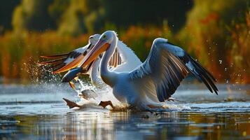 ai généré pélican des oiseaux chasse une poisson à une étang est une fascinant et dynamique scène photo