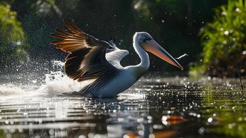 ai généré pélican des oiseaux chasse une poisson à une étang est une fascinant et dynamique scène photo