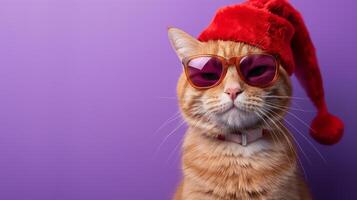 ai généré gingembre chat portant le Noël chapeau et des lunettes de soleil sur le violet arrière-plan, Noël vacances fête concept, photo