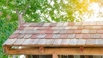 partie de en bois toit carrelage sur brouiller arbre Contexte photo