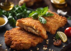 ai généré pané saucisse schnitzel avec citron et persil. photo