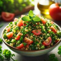 ai généré taboule salade avec couscous, tomates et persil. une rafraîchissant milieu est salade photo