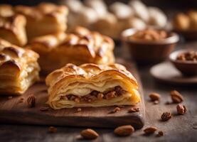 ai généré délicieux turc nourriture, plateau Pâtisserie sur en bois Contexte photo