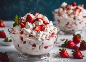 ai généré éton désordre dessert avec des fraises et fouetté crème photo