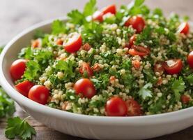 ai généré taboule salade avec couscous, tomates et persil photo