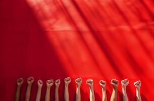 ai généré uni les poings de solidarité sur rouge, la main d'oeuvre journée photo