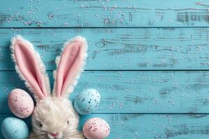 ai généré Pâques lapin avec pastel des œufs toile de fond photo